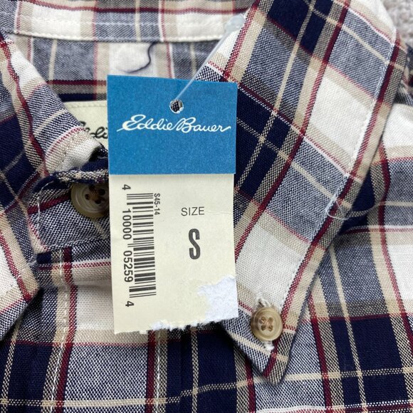 New Eddie Bauer Plaid Shirt Men Small S MBRY Brown Cream Button Down Polo NWT - Picture 6 of 10